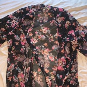 Black Floral Sheer Open Kimono Cardigan